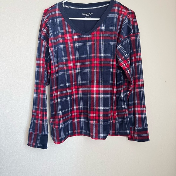 Women’s Nautica Navy and Red Plaid V-Neck Fleece Long Sleeve Pajama Shirt Small - Picture 1 of 2